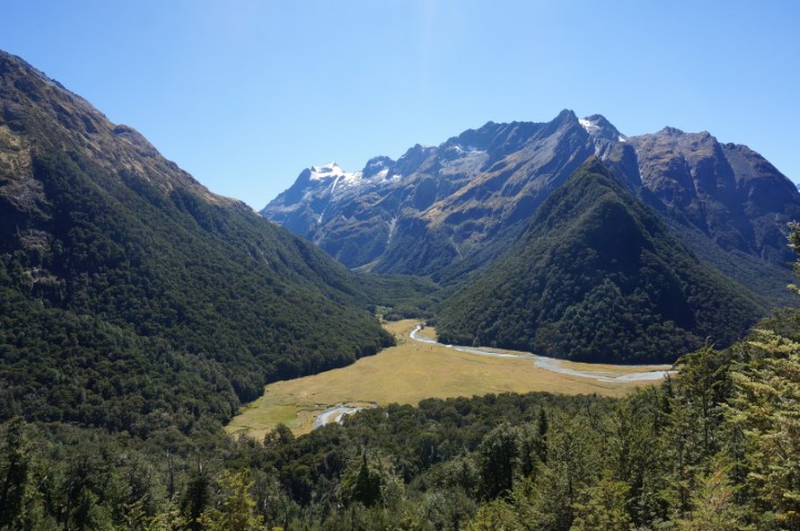 Picture of grassy plain surrounded by forrest and mountains.
